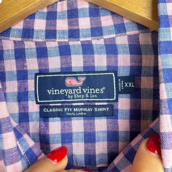 Vineyard Vines Pink & Blue Gingham Check Linen Long Sleeve Button Up Shirt - Picture 7 of 8